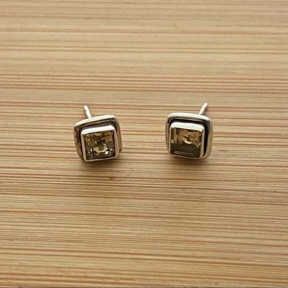 Vintage 925 Sterling Silver Citrine Gemstone Square Stud Earrings - Picture 10 of 15